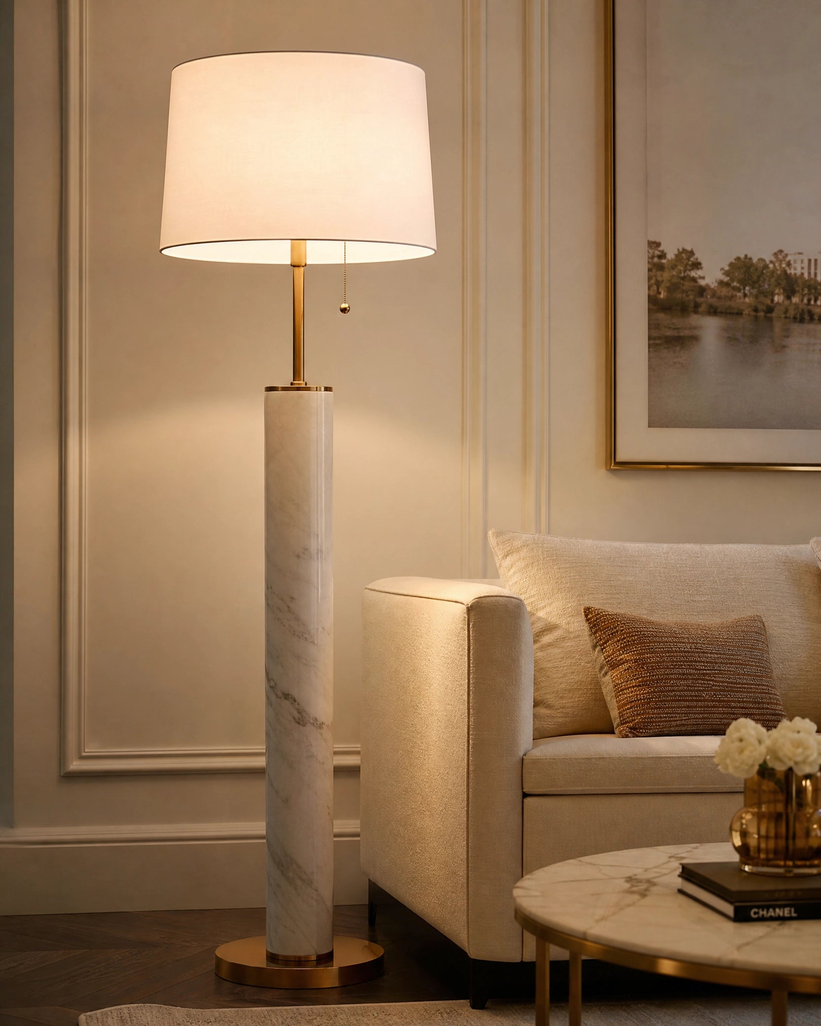 Marble Column Floor Lamp — Warm Brass Touch Dimmer, 70"