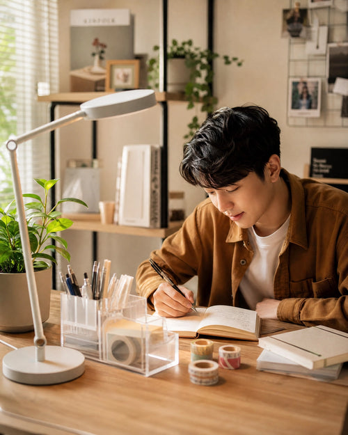 Washi tape and stationery on aesthetic desk