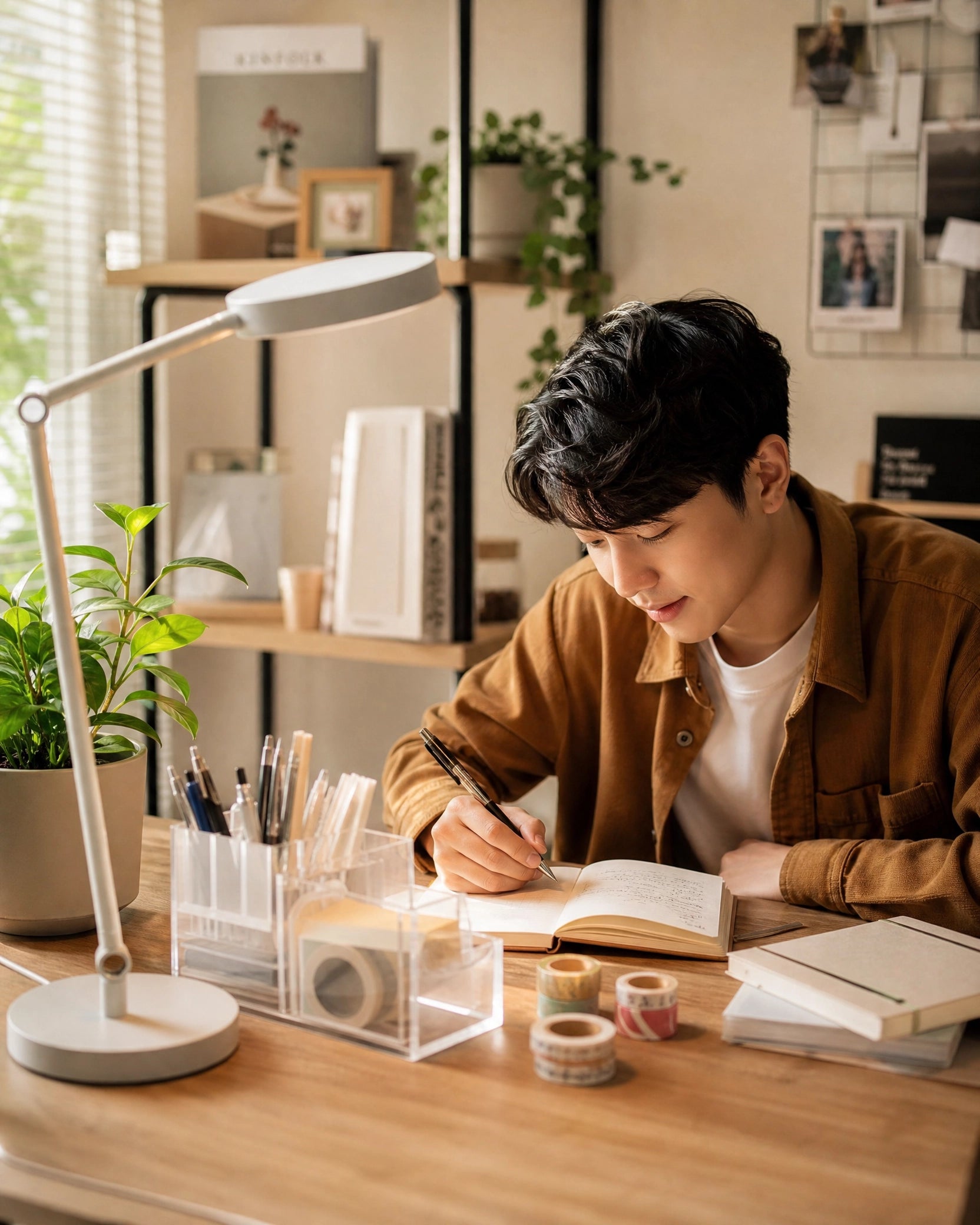 Asian man at aesthetic desk with touch dimmer lamp