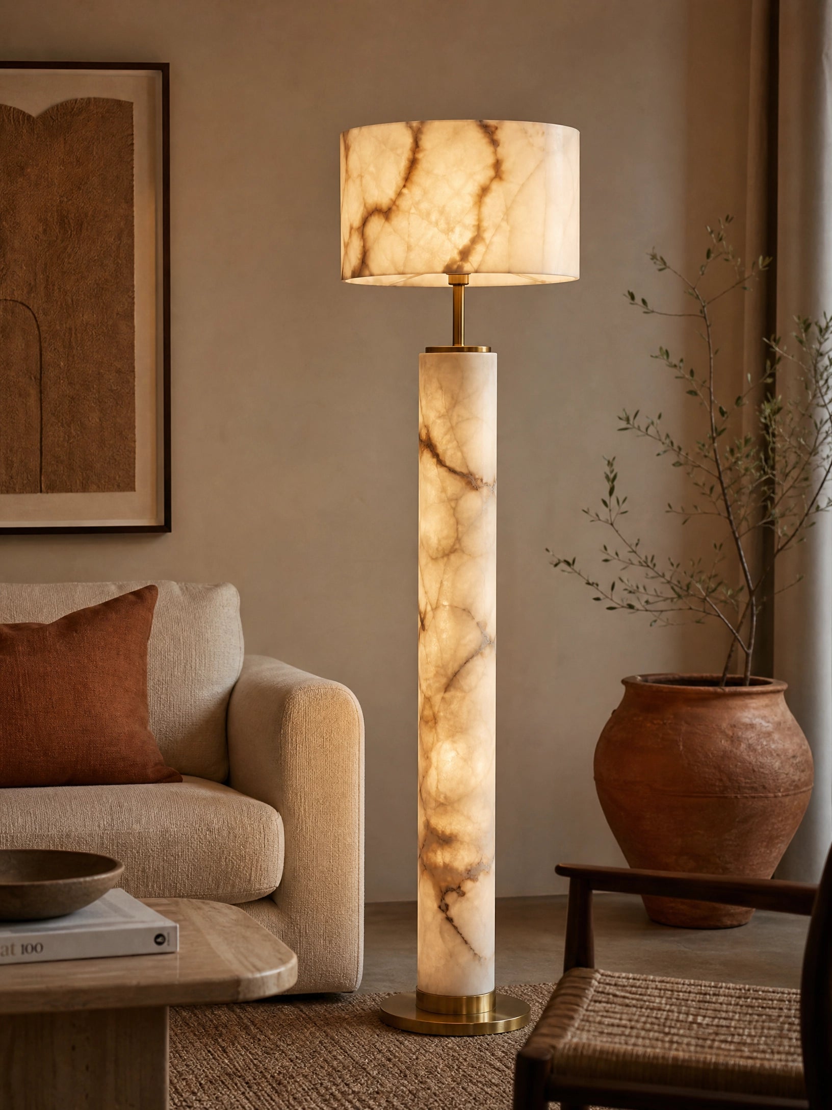 Alabaster Stone Column Floor Lamp — Natural Veining Heritage Brass 65"