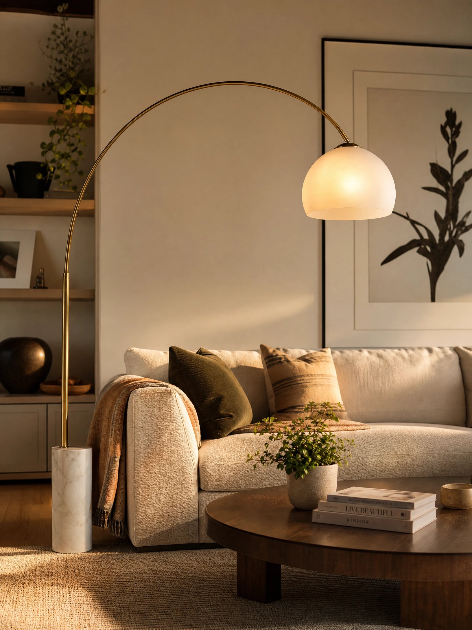 Arc Floor Lamp — White Marble Base & Frosted Glass Dome 70"