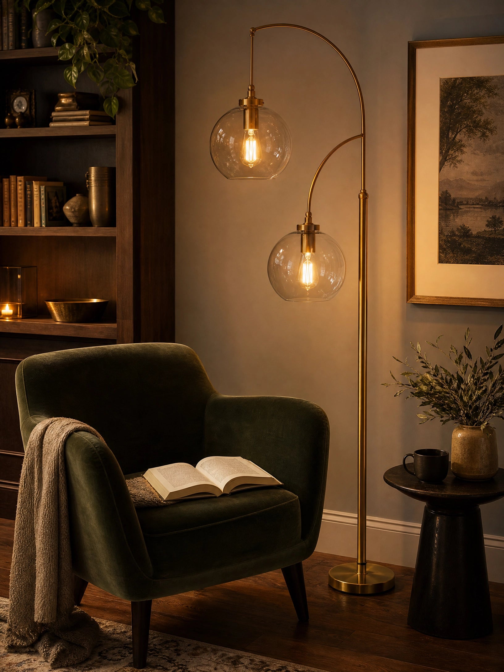 Dual Suspended Glass Globe Floor Lamp — Warm Ambient Glow Brass Finish