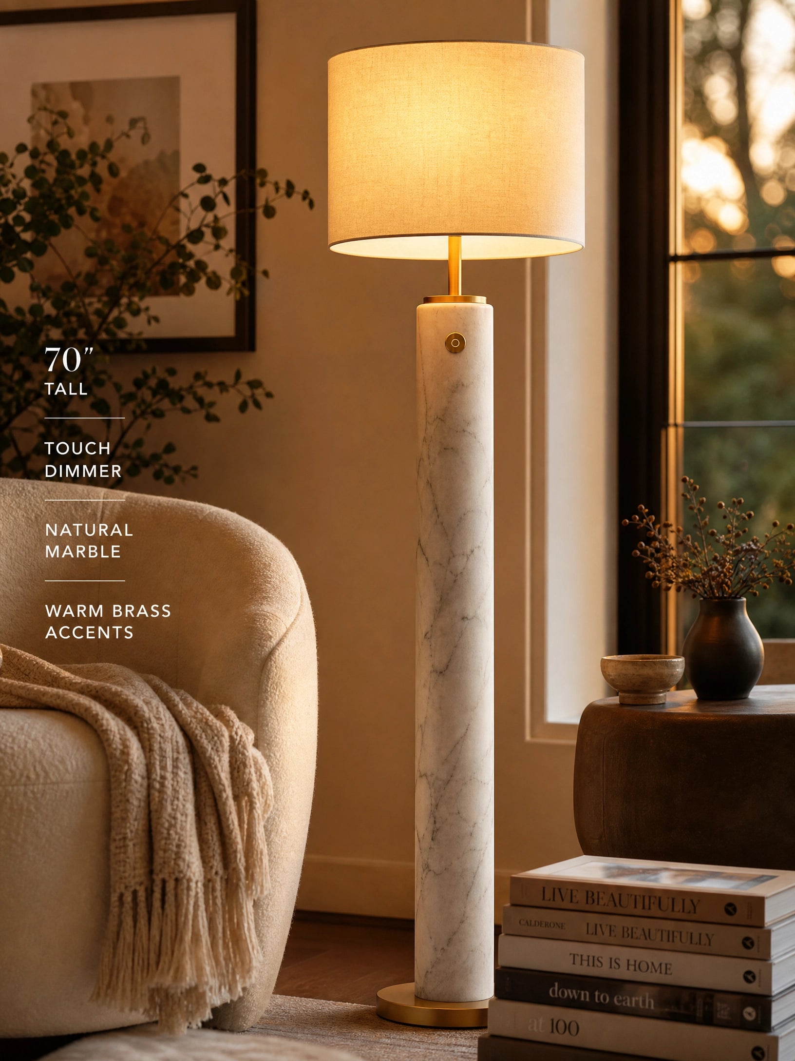 Marble Column Floor Lamp — Warm Brass Touch Dimmer, 70"