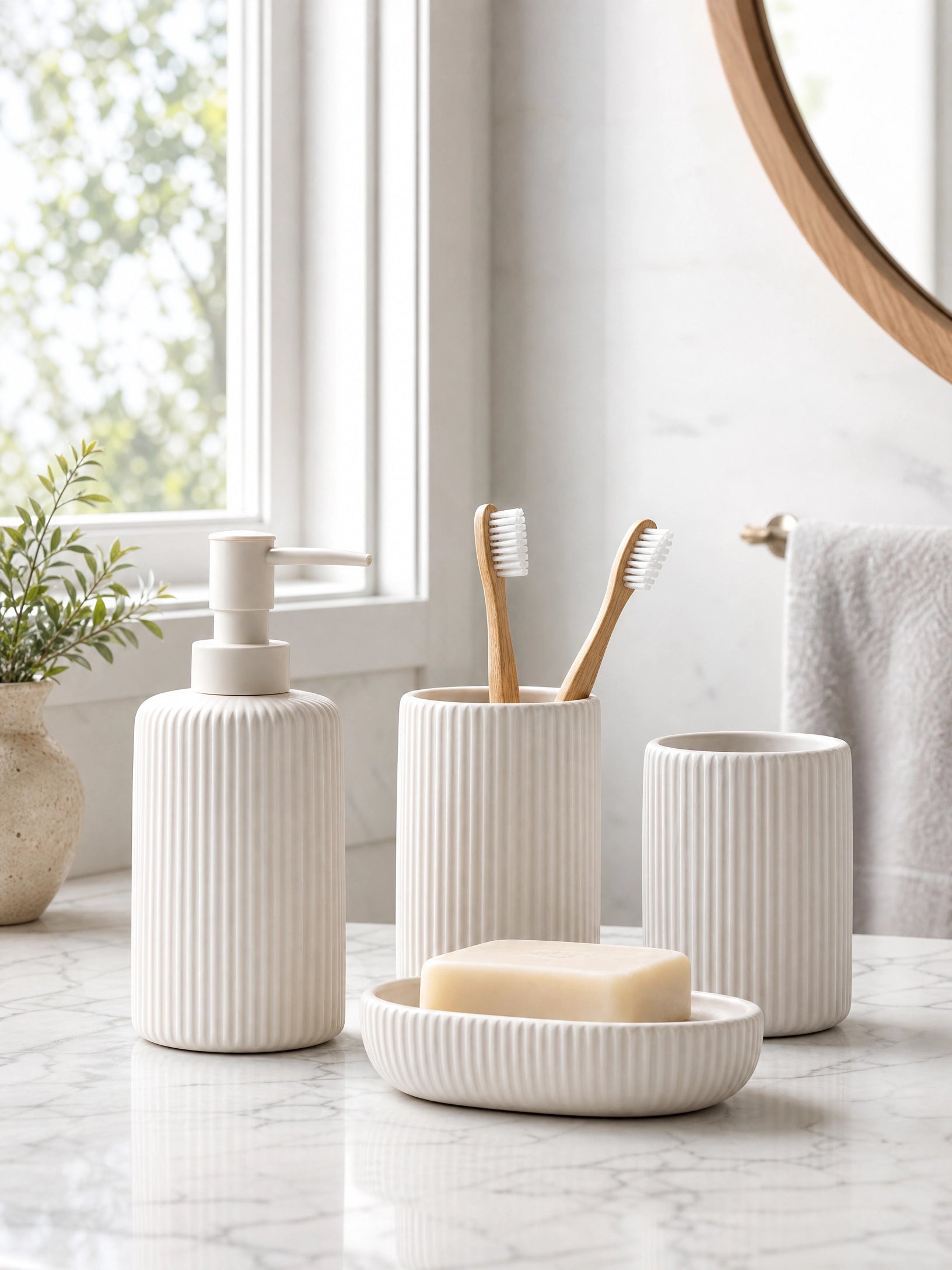 Ribbed Ceramic Bathroom Accessory Set